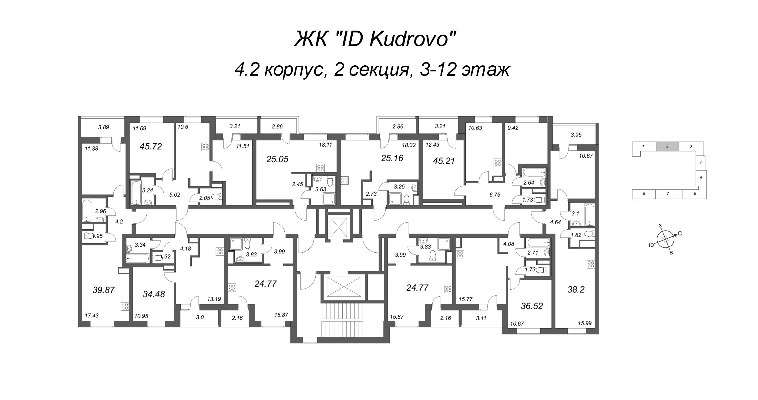 2-комнатная (Евро) квартира, 39.87 м² в ЖК "ID Kudrovo" - планировка этажа