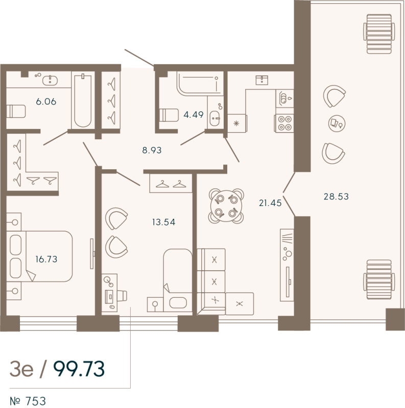 3-комнатная (Евро) квартира, 99.73 м² в ЖК "17/33 Петровский остров" - планировка, фото №1