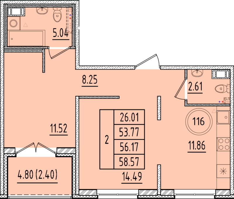 2-комнатная квартира, 53.77 м² - планировка, фото №1
