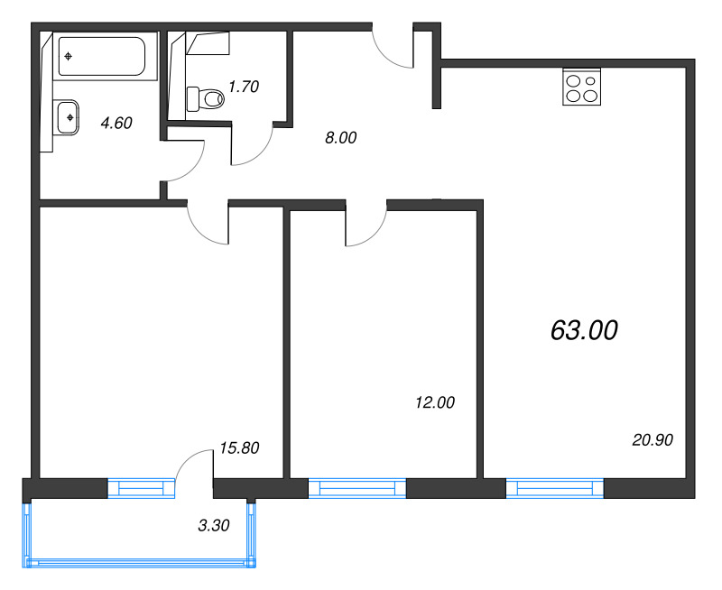 3-комнатная (Евро) квартира, 63 м² в ЖК "Руднева 15" - планировка, фото №1