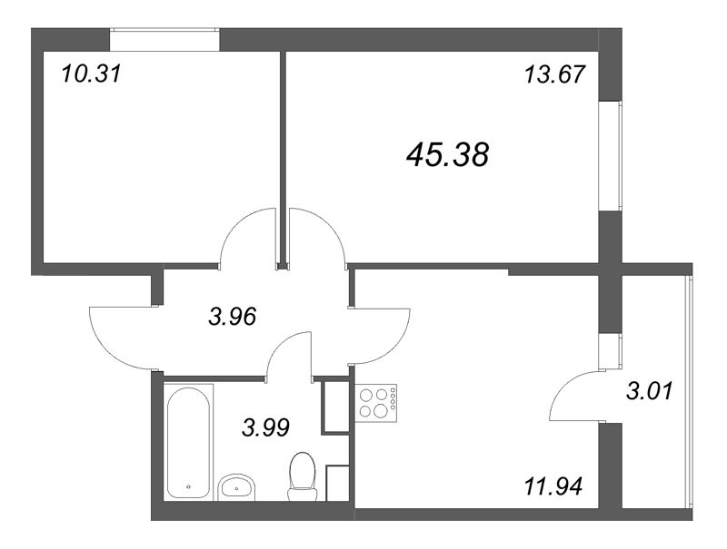 2-комнатная квартира, 45.38 м² в ЖК "Кинопарк" - планировка, фото №1