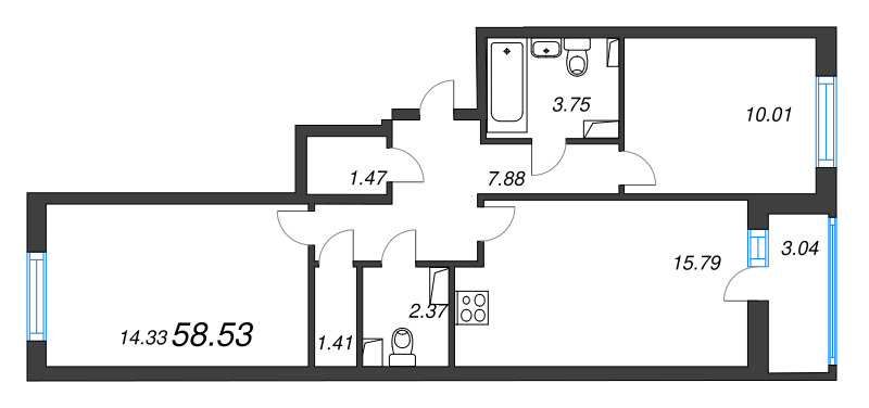 3-комнатная (Евро) квартира, 58.53 м² - планировка, фото №1