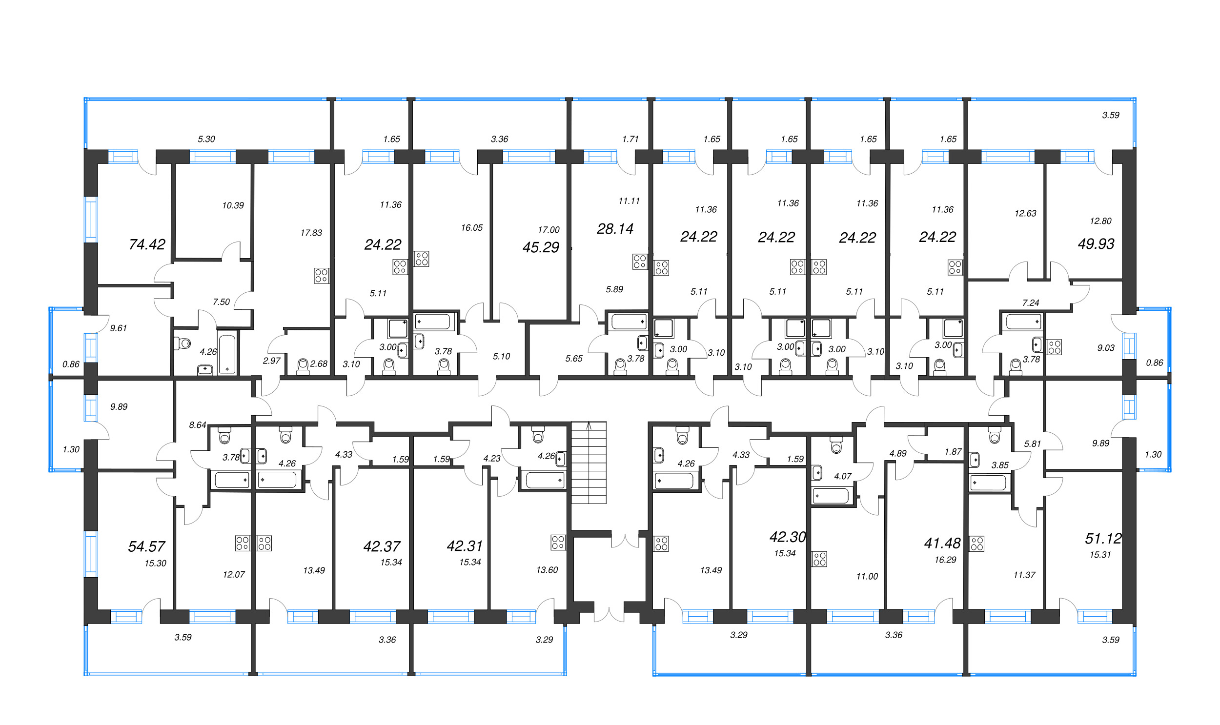 3-комнатная квартира, 74.42 м² в ЖК "Капральский берег" - планировка этажа