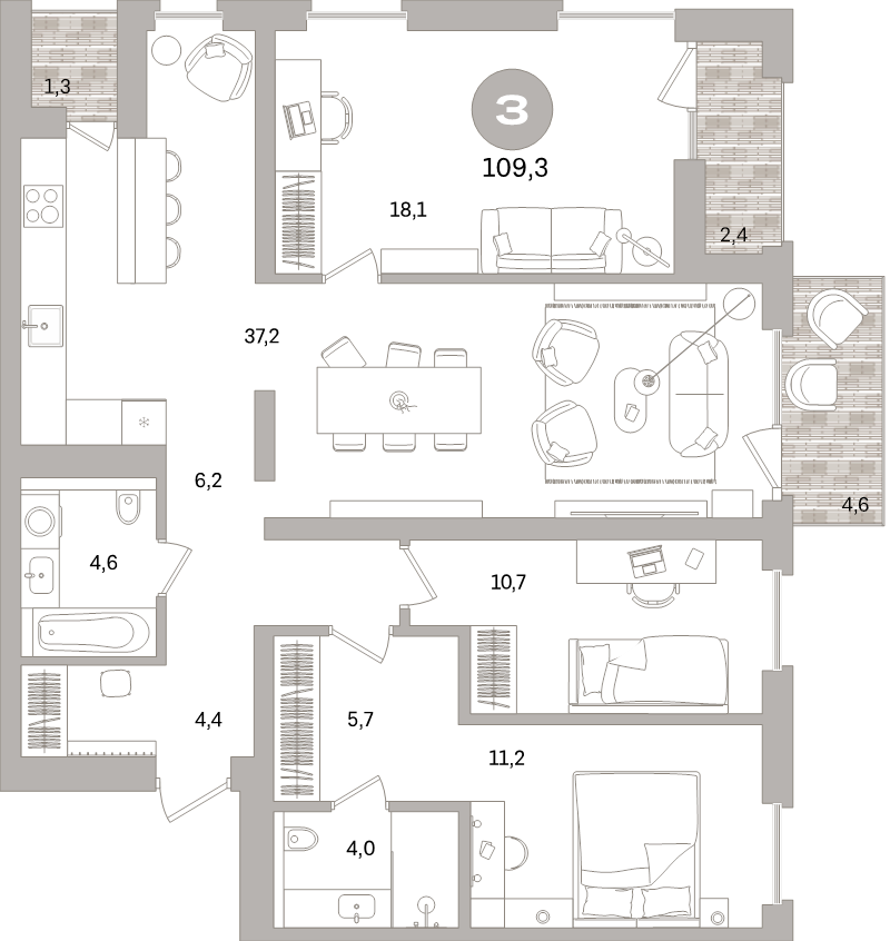 4-комнатная (Евро) квартира, 109.4 м² в ЖК "Северный ветер" - планировка, фото №1