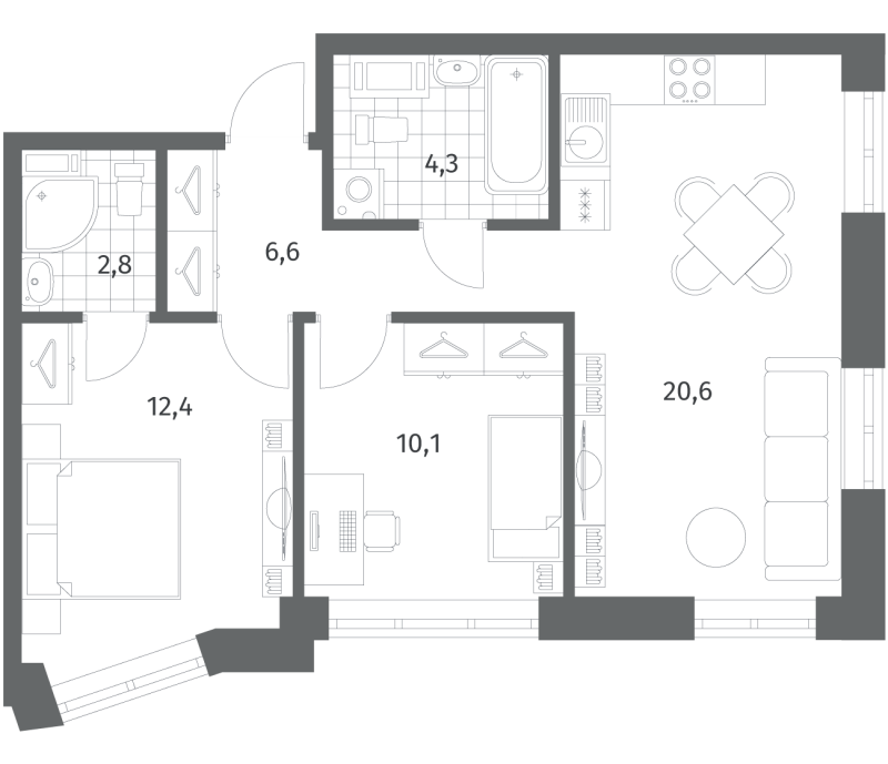 2-комнатная квартира, 56.69 м² в ЖК "NewПитер 2.0" - планировка, фото №1