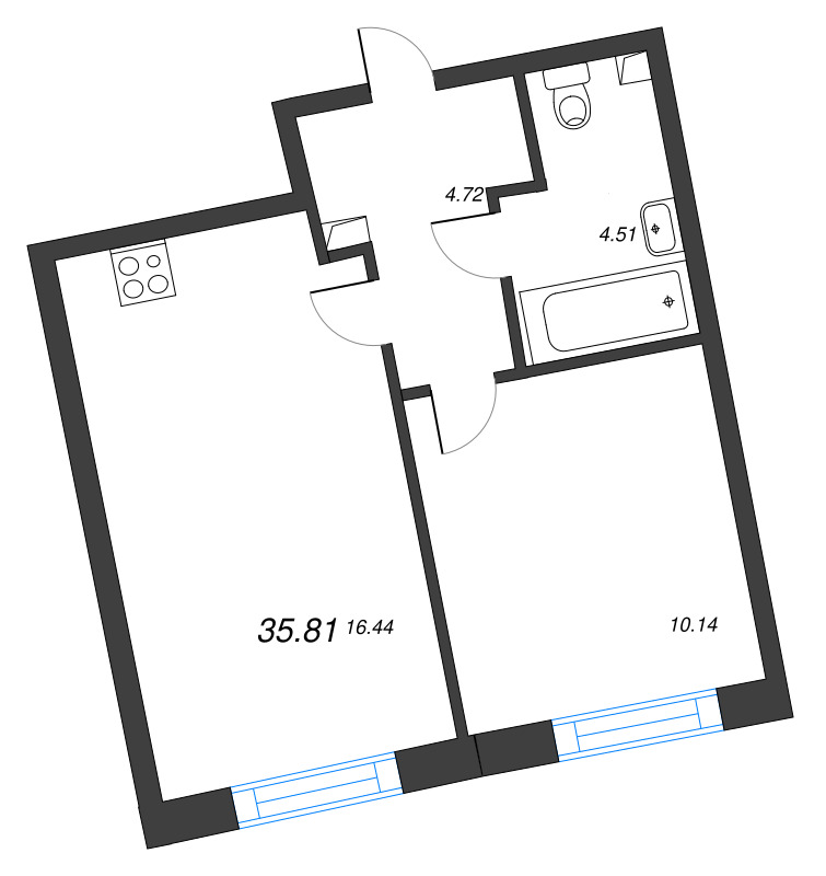 2-комнатная (Евро) квартира, 35.81 м² в ЖК "Бульвар Грина" - планировка, фото №1