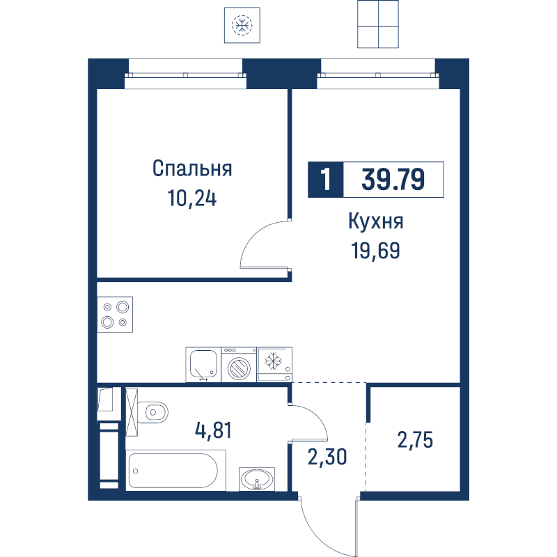 2-комнатная (Евро) квартира, 39.79 м² в ЖК "Символист" - планировка, фото №1