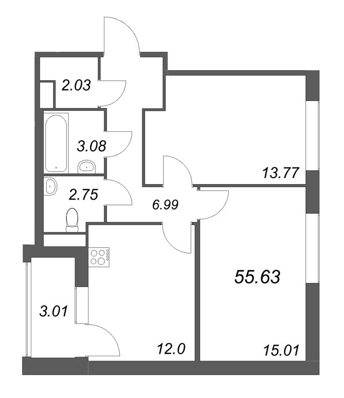 2-комнатная квартира, 55.63 м² в ЖК "Дом на Курской" - планировка, фото №1