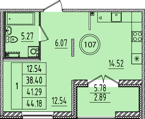 1-комнатная квартира, 38.4 м² в ЖК "Образцовый квартал 14" - планировка, фото №1