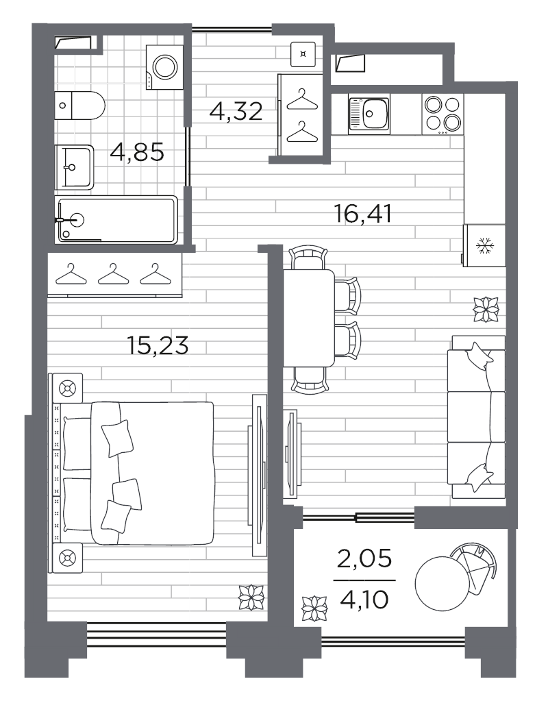 2-комнатная (Евро) квартира, 42.86 м² в ЖК "Ассамблея" - планировка, фото №1