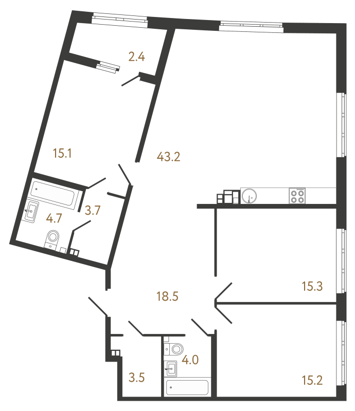 4-комнатная (Евро) квартира, 122.5 м² в ЖК "МИРЪ" - планировка, фото №1
