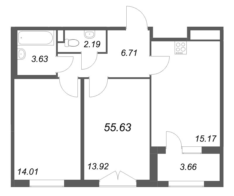 3-комнатная (Евро) квартира, 55.63 м² в ЖК "Дубровский" - планировка, фото №1