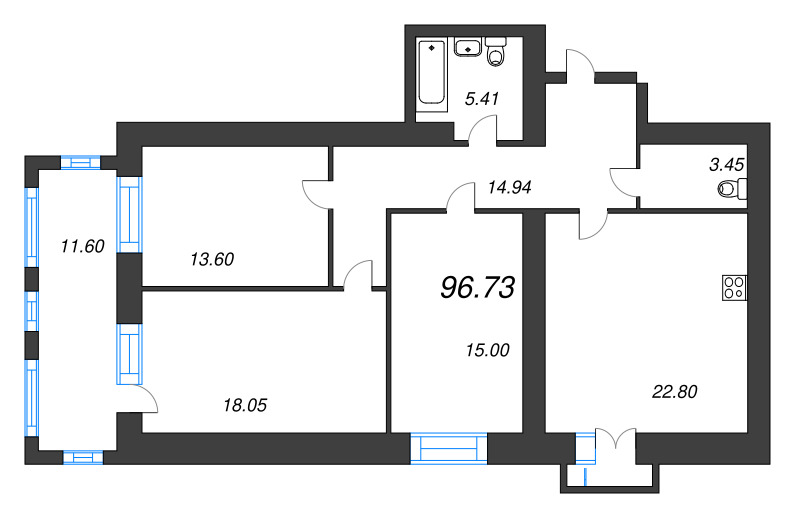 3-комнатная квартира, 96.4 м² в ЖК "Листва" - планировка, фото №1