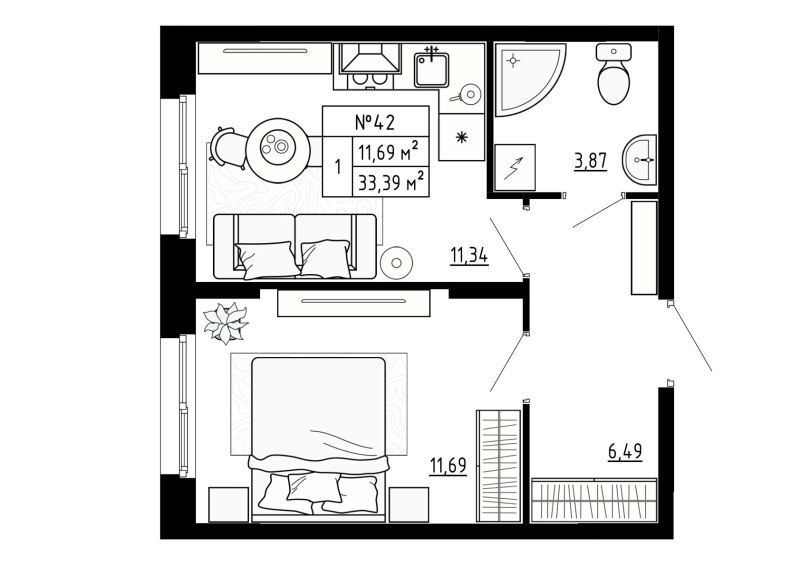 1-комнатная квартира, 33.39 м² - планировка, фото №1