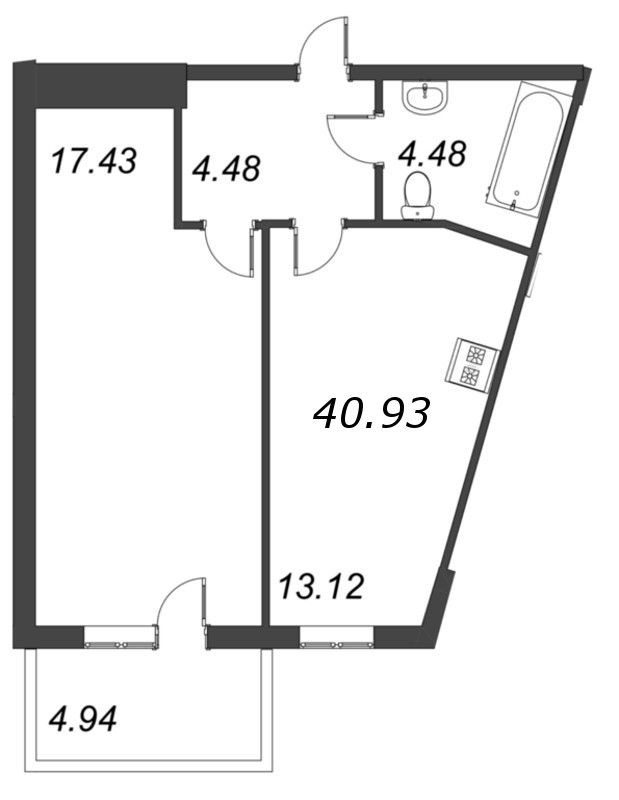 1-комнатная квартира, 40.93 м² - планировка, фото №1