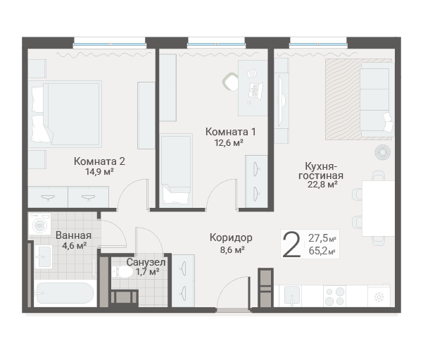 3-комнатная (Евро) квартира, 65.2 м² в ЖК "Руднева 15" - планировка, фото №1