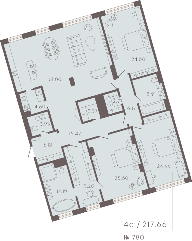 4-комнатная (Евро) квартира, 217.66 м² в ЖК "17/33 Петровский остров" - планировка, фото №1