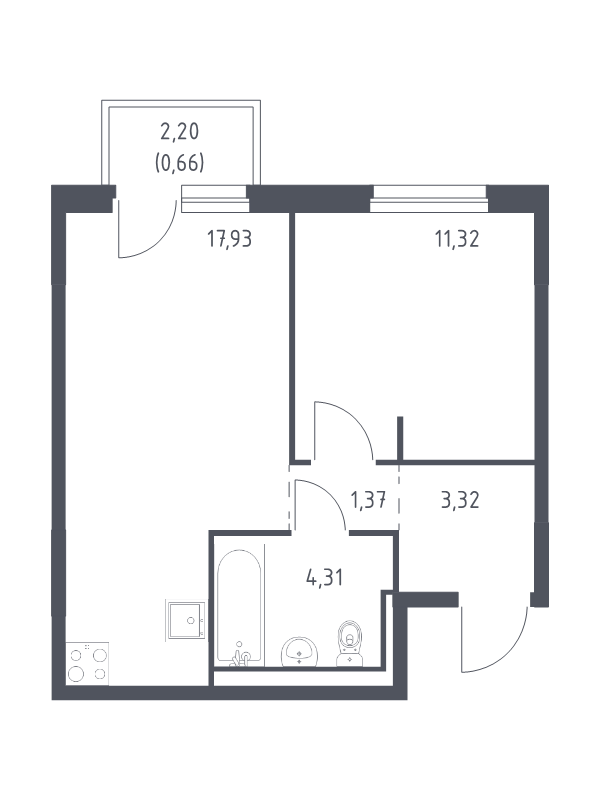 2-комнатная (Евро) квартира, 38.91 м² в ЖК "Невская Долина" - планировка, фото №1