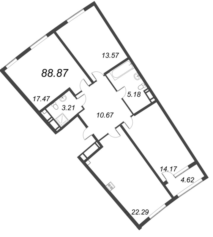 3-комнатная (Евро) квартира, 88.87 м² в ЖК "Морская набережная. SeaView" - планировка, фото №1