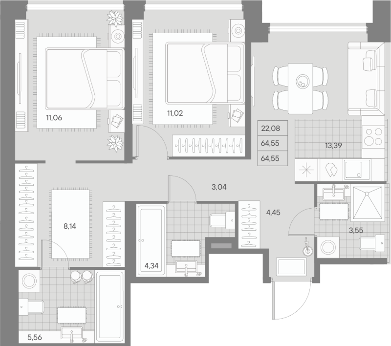 2-комнатная квартира, 64.55 м² - планировка, фото №1