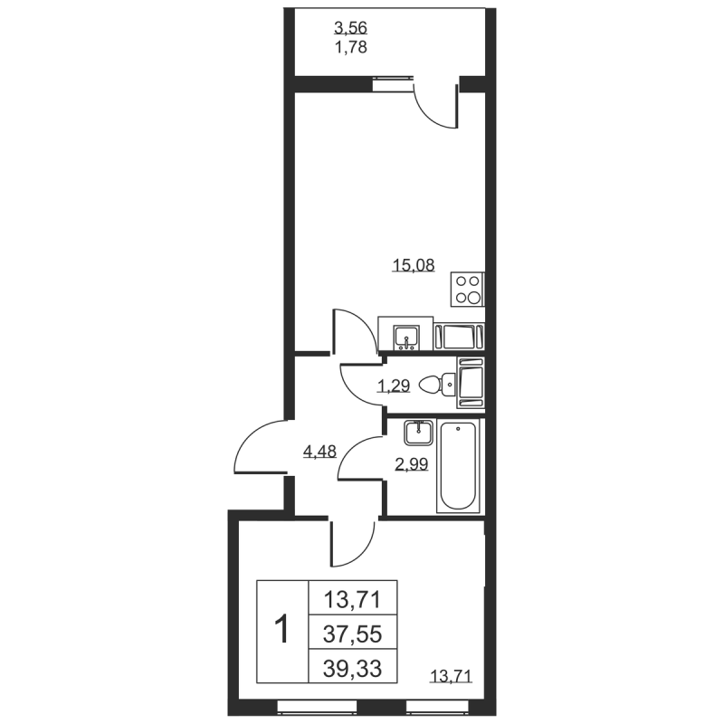 2-комнатная (Евро) квартира, 39.33 м² в ЖК "Высота" - планировка, фото №1