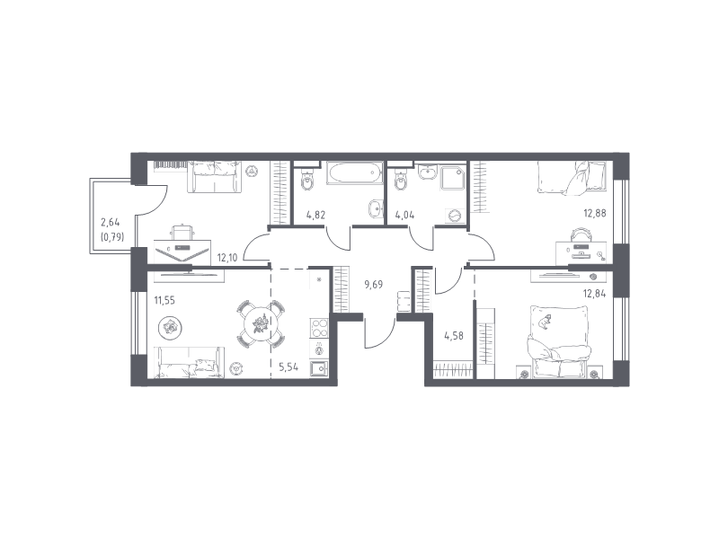 4-комнатная (Евро) квартира, 78.83 м² - планировка, фото №1