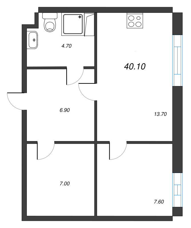 1-комнатная квартира, 40.9 м² - планировка, фото №1