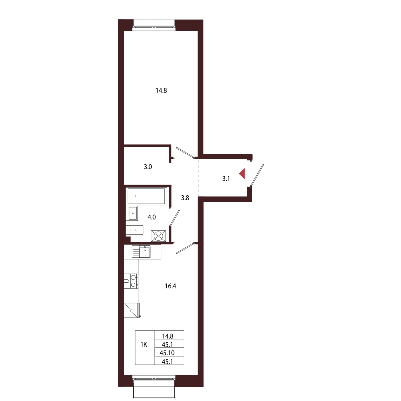 2-комнатная (Евро) квартира, 45.1 м² в ЖК "Лисино" - планировка, фото №1