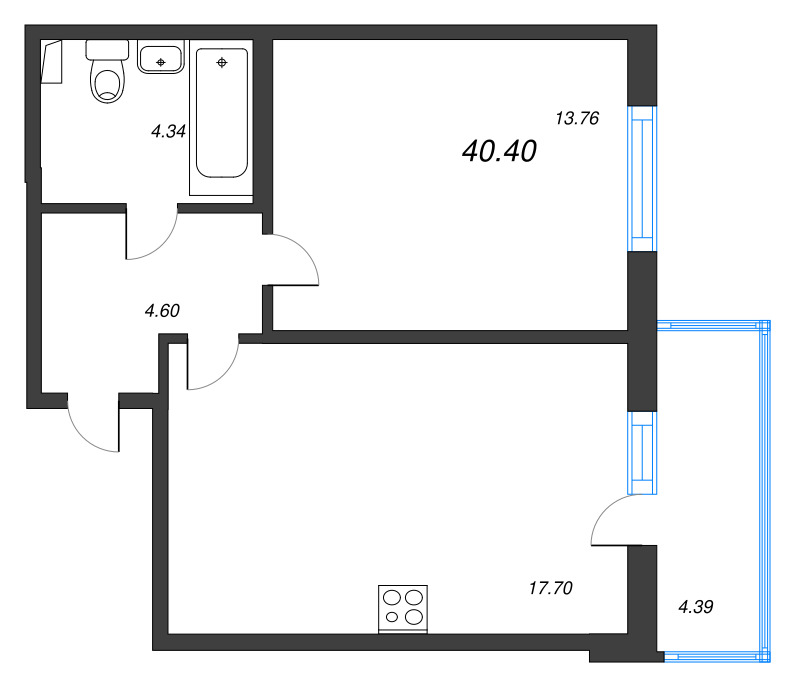 2-комнатная (Евро) квартира, 40.4 м² в ЖК "Любоград" - планировка, фото №1