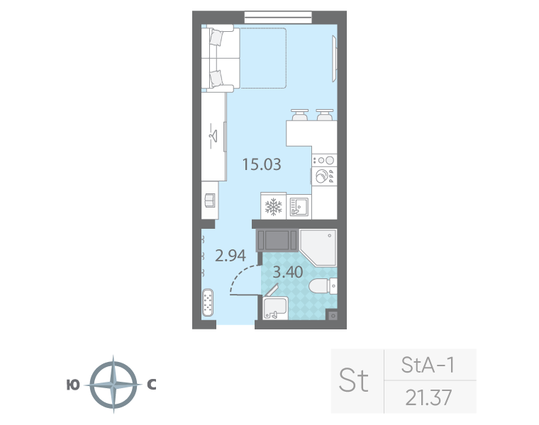 Квартира-студия, 21.37 м² в ЖК "Морская миля" - планировка, фото №1