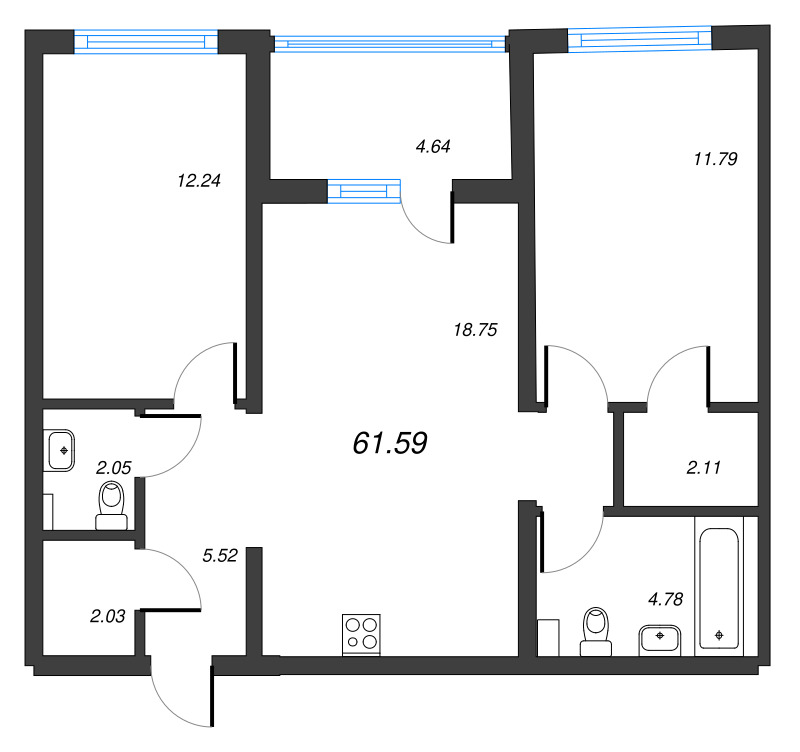 3-комнатная (Евро) квартира, 61.59 м² - планировка, фото №1