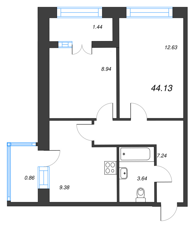 2-комнатная квартира, 44.13 м² в ЖК "Капральский берег" - планировка, фото №1