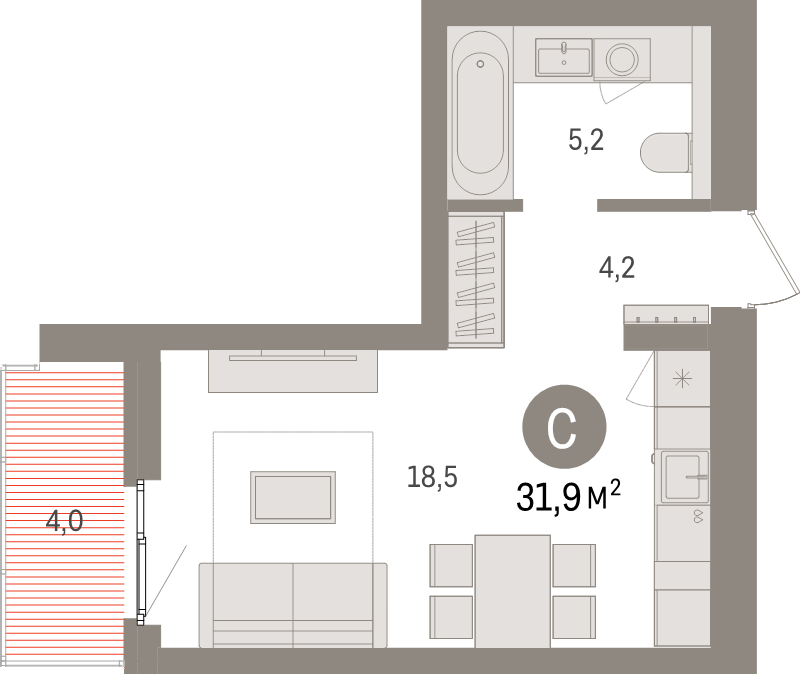 Квартира-студия, 31.9 м² - планировка, фото №1