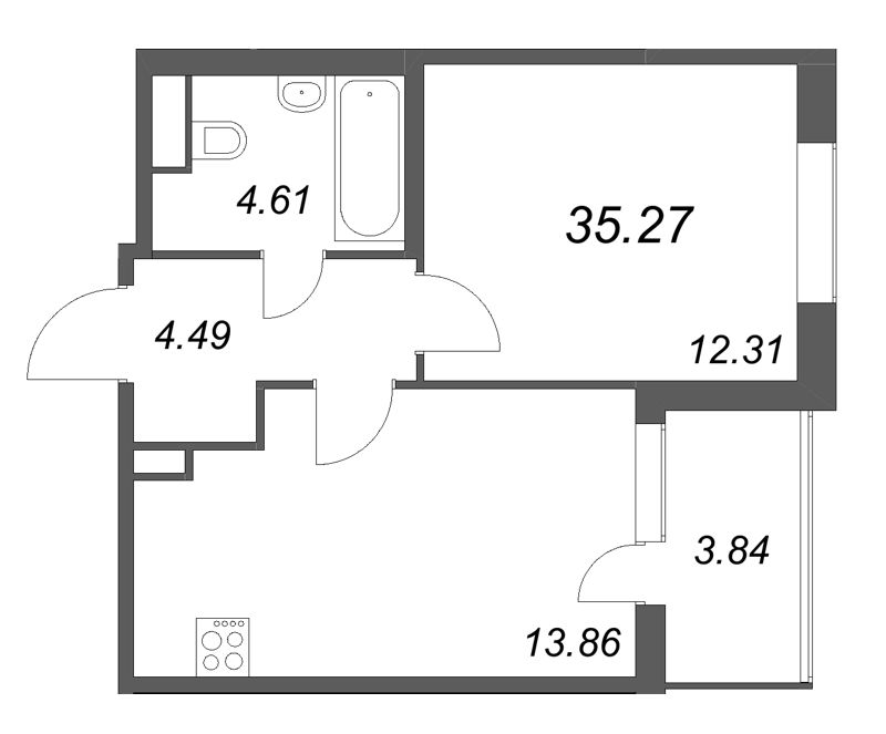 1-комнатная квартира, 35.27 м² в ЖК "ЮгТаун" - планировка, фото №1