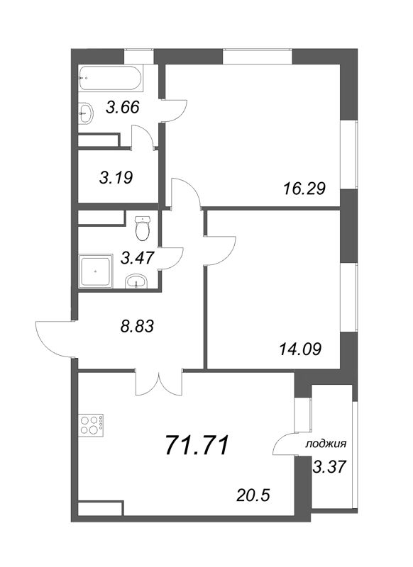 3-комнатная (Евро) квартира, 71.71 м² в ЖК "Modum" - планировка, фото №1
