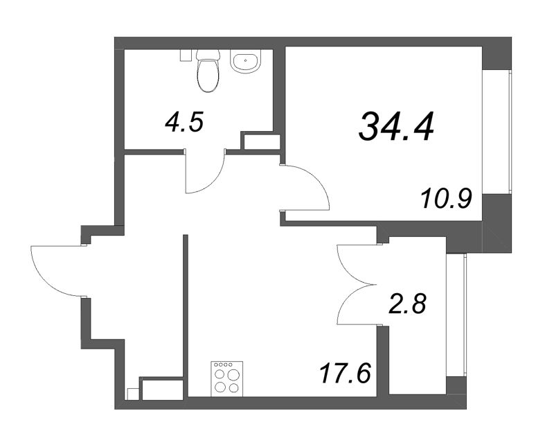 2-комнатная (Евро) квартира, 34.4 м² в ЖК "NewПитер 2.0" - планировка, фото №1