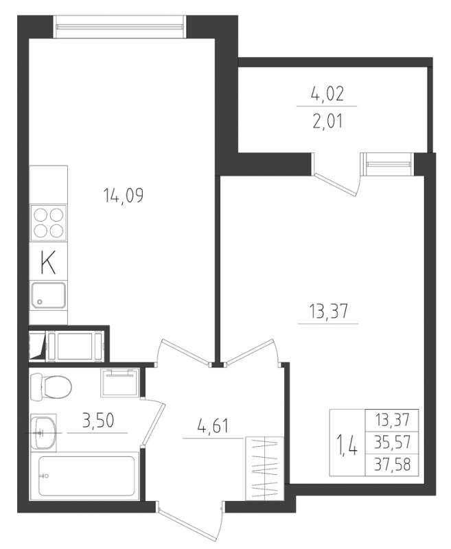 1-комнатная квартира, 37.58 м² - планировка, фото №1