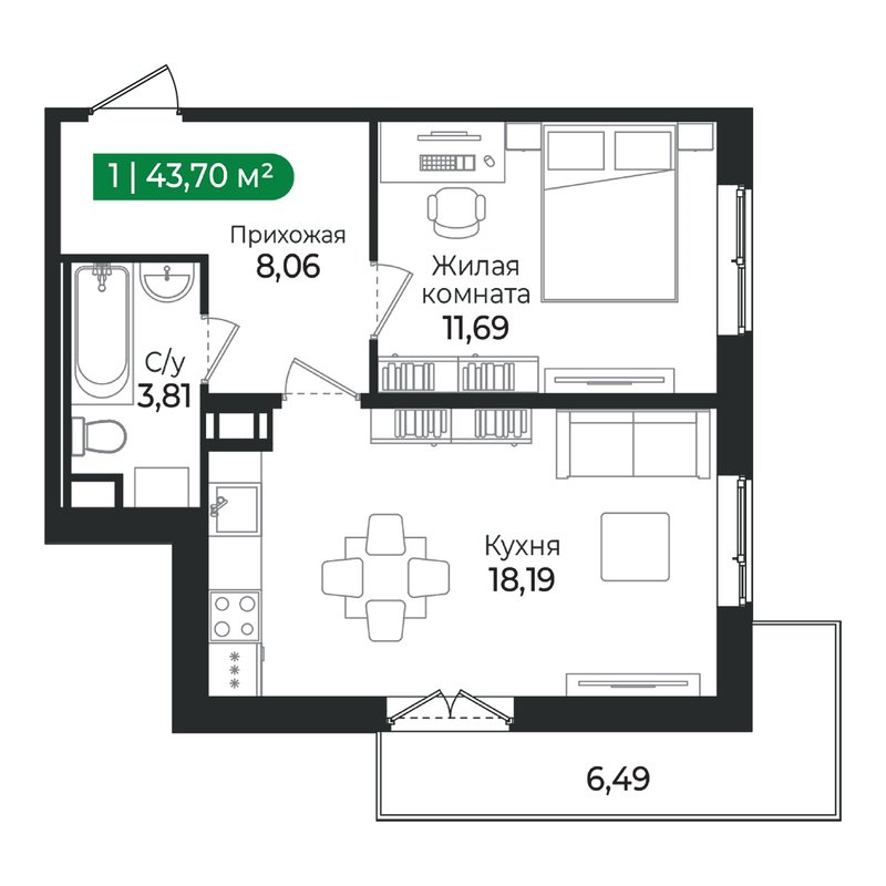 2-комнатная (Евро) квартира, 43.7 м² в ЖК "Сертолово Парк" - планировка, фото №1