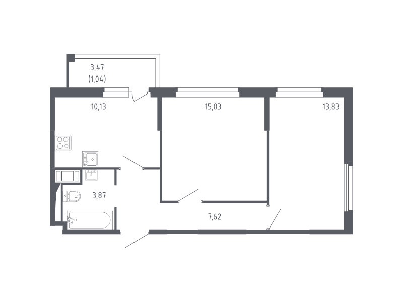 2-комнатная квартира, 51.52 м² - планировка, фото №1
