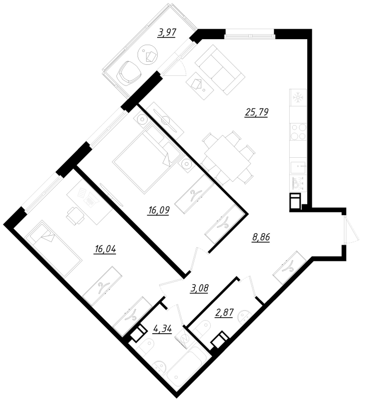 3-комнатная (Евро) квартира, 78.3 м² - планировка, фото №1