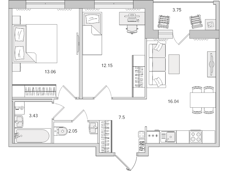 3-комнатная (Евро) квартира, 57.98 м² в ЖК "Dreamline" - планировка, фото №1