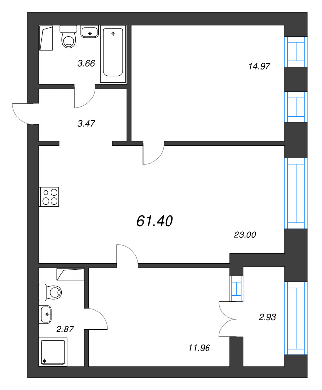 2-комнатная квартира, 61.4 м² в ЖК "Наука" - планировка, фото №1