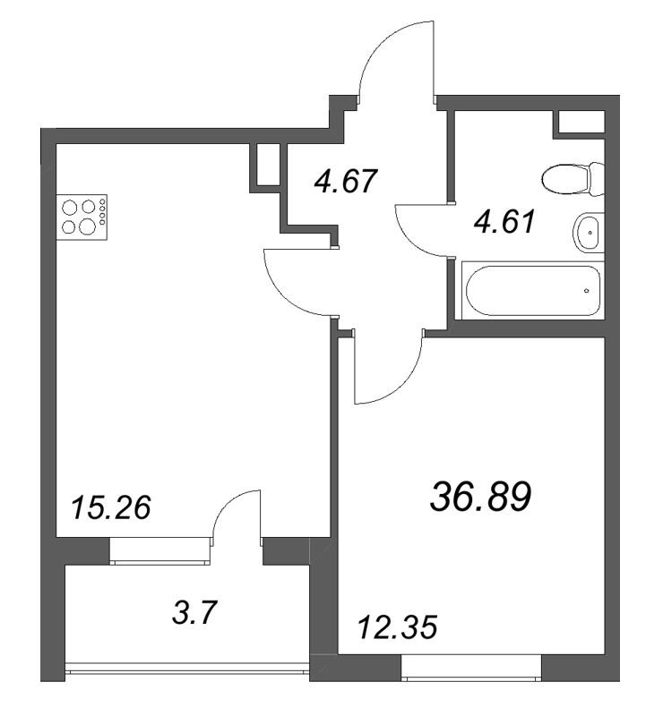 2-комнатная (Евро) квартира, 36.89 м² в ЖК "ЮгТаун" - планировка, фото №1