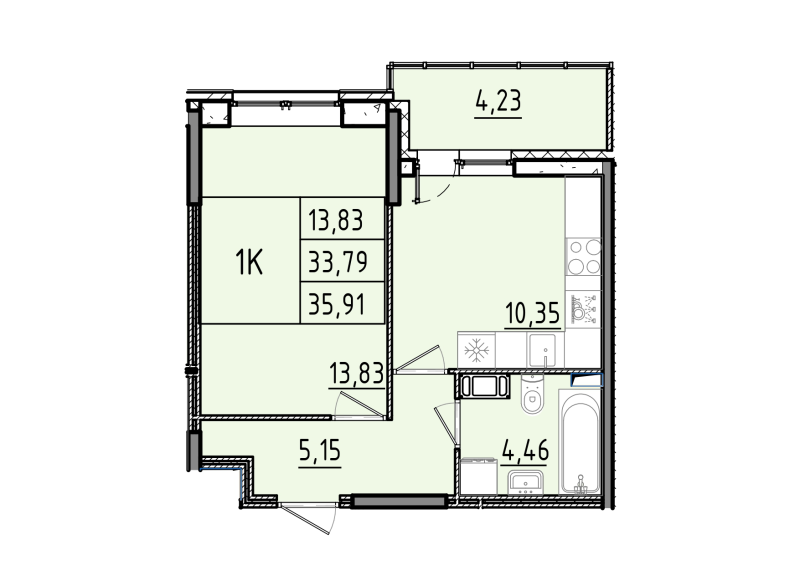 1-комнатная квартира, 35.91 м² - планировка, фото №1