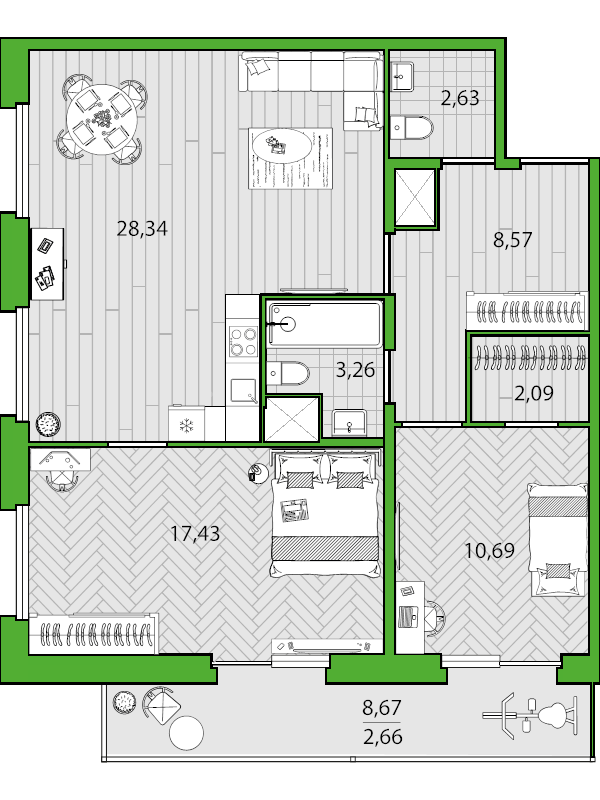 3-комнатная (Евро) квартира, 74.8 м² - планировка, фото №1