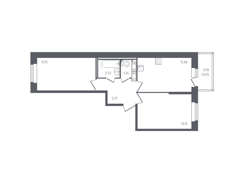 2-комнатная квартира, 50 м² - планировка, фото №1