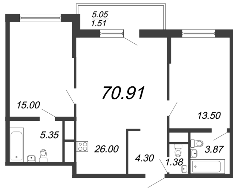 3-комнатная (Евро) квартира, 71.4 м² - планировка, фото №1