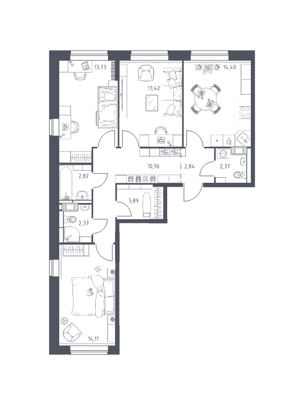 3-комнатная квартира, 80.71 м² - планировка, фото №1