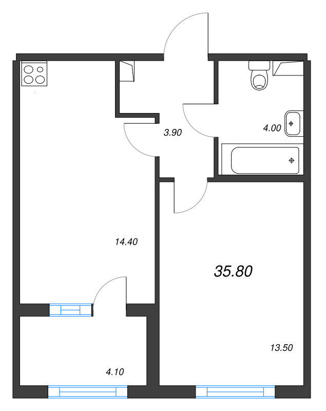 1-комнатная квартира, 35.8 м² в ЖК "ЮгТаун" - планировка, фото №1
