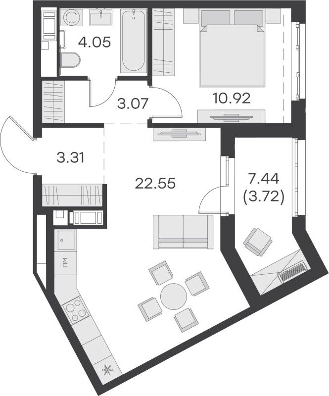 2-комнатная (Евро) квартира, 47.62 м² - планировка, фото №1